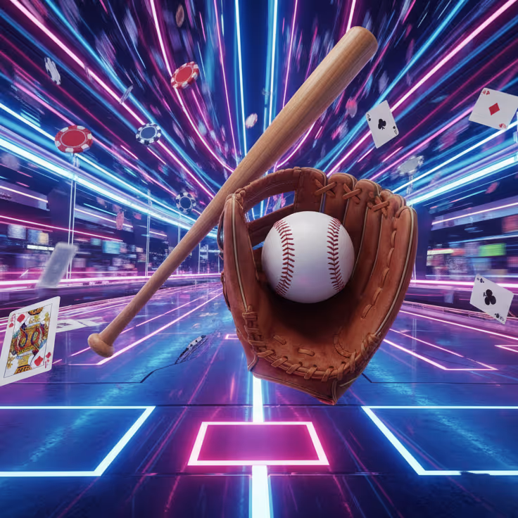 Baseball glove and bat in Speedz Casino’s neon arena symbolizing fast payouts and precision transactions
