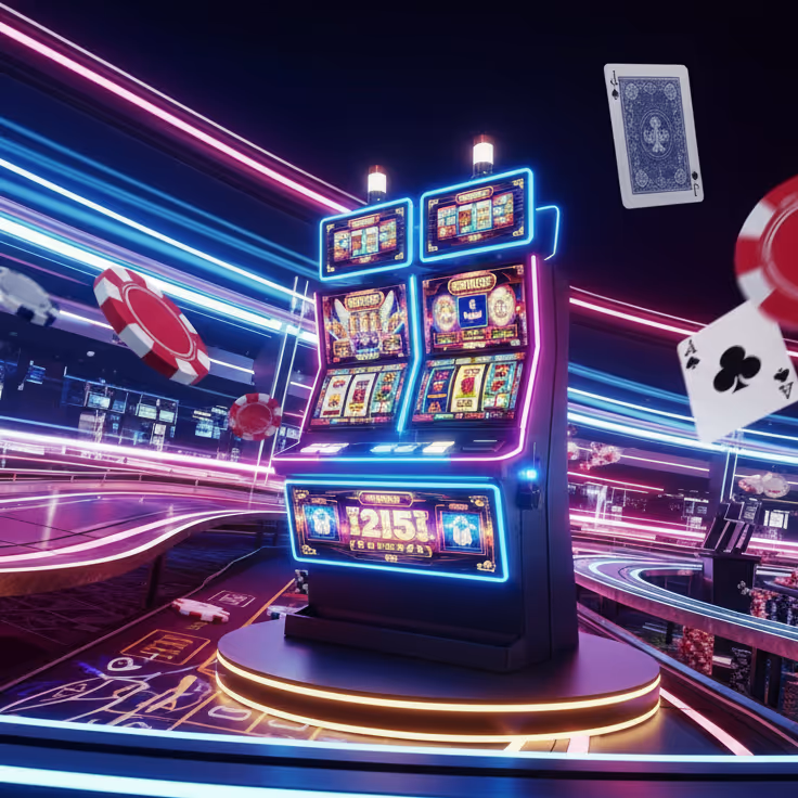 Neon slot machine at Speedz Casino showcasing fast-paced gameplay and vibrant casino atmosphere