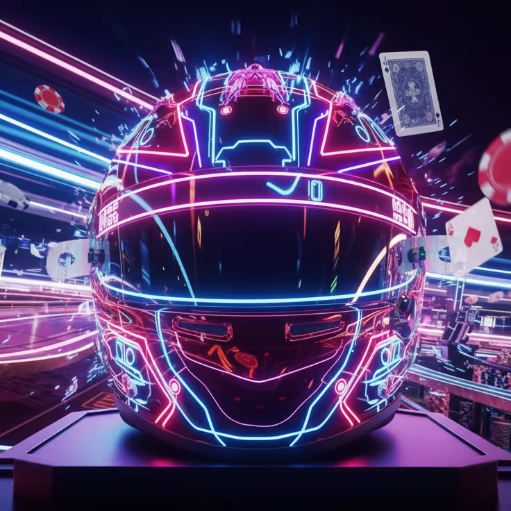 Glowing racing helmet at Speedz Casino promoting high-speed gaming and immersive slot experiences