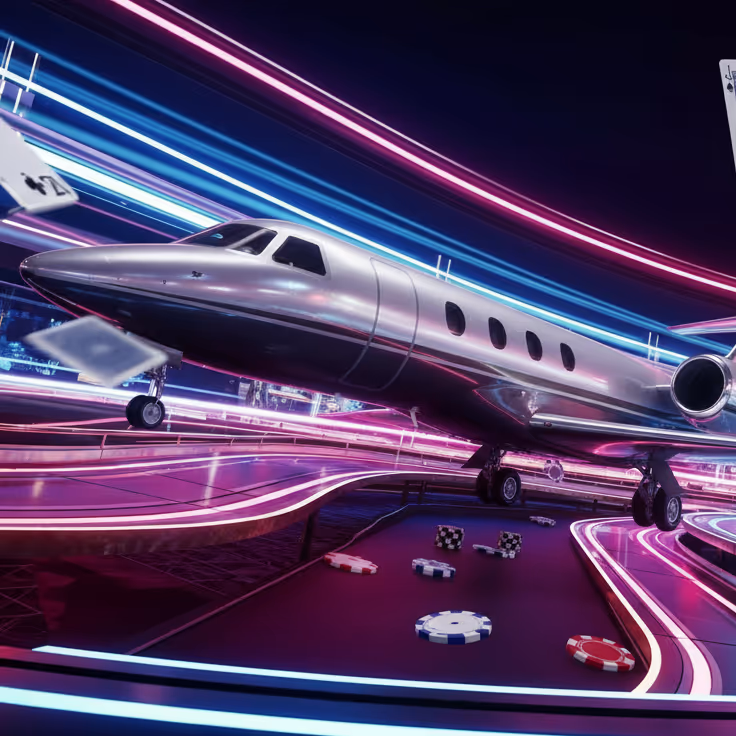 Luxury jet flying above neon casino track at Speedz Casino representing premium sportsbook experience
