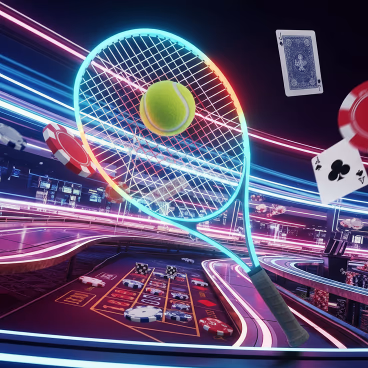 Neon tennis racket and ball above Speedz Casino tables representing fast action and dynamic gameplay