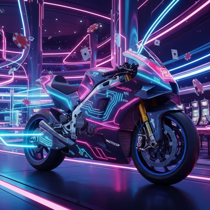 High-tech neon motorcycle inside Speedz Casino highlighting adrenaline-driven gaming environment